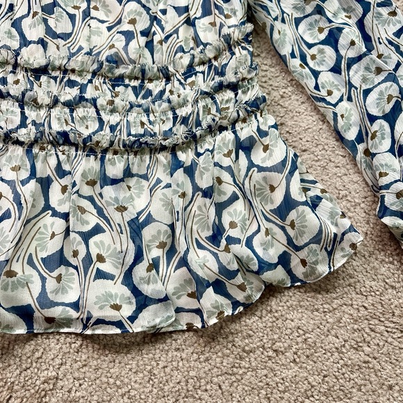 Rebecca Taylor Silk Floral Long Sleeve V Neck Lined Blouse Top White Blue Siz 10 - Picture 9 of 12